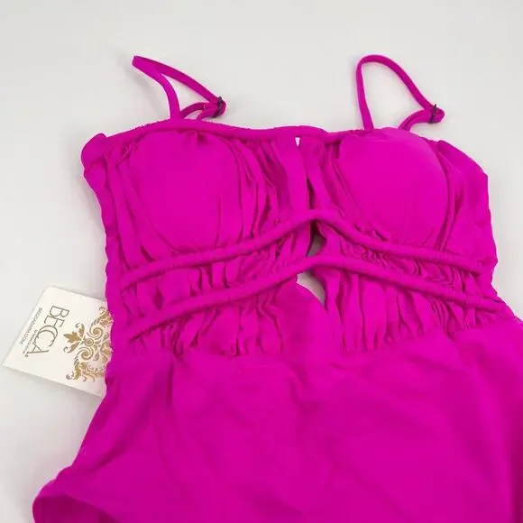 BECCA Santorini Sarai One Piece Swimsuit Plunge Neck Hot Pink Size Medium NEW - Picture 5 of 7